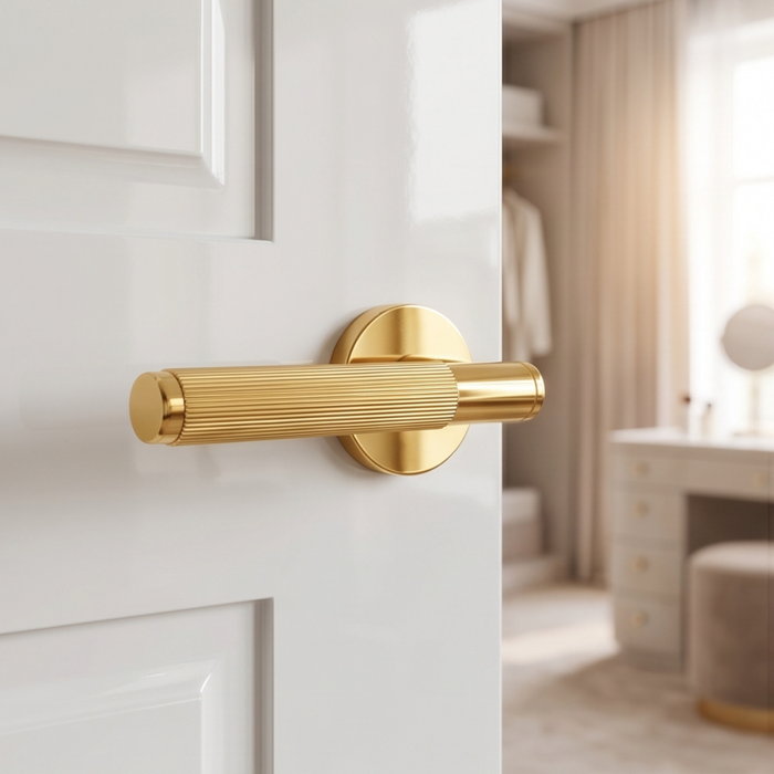 Door handles and cabinet pulls compared in an interior