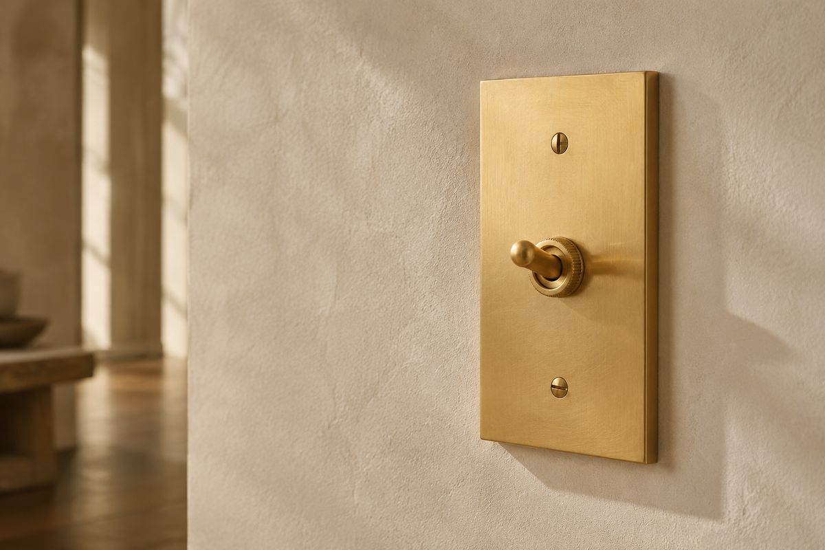 Solid brass toggle light switch on a warm plaster wall