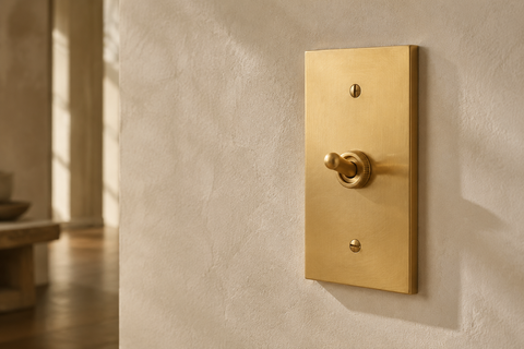 Solid brass toggle light switch on a warm plaster wall