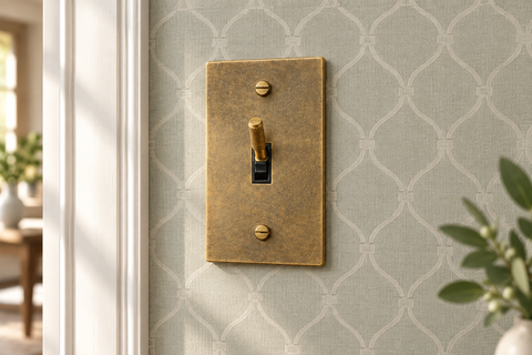 Design concept showing an aged brass toggle switch against patterned wallpaper beside white door trim.