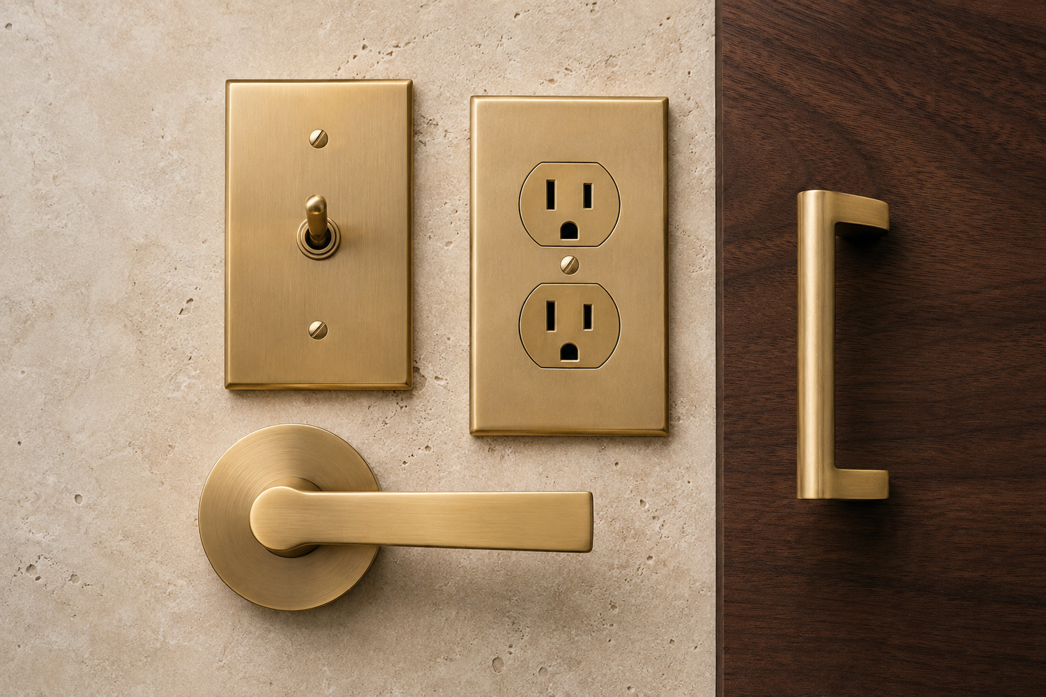 Coordinated brass light switch, outlet, door lever, and cabinet pull