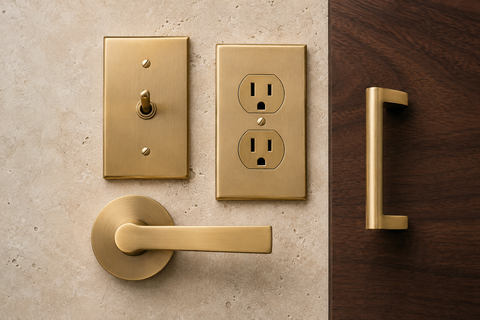 Coordinated brass light switch, outlet, door lever, and cabinet pull