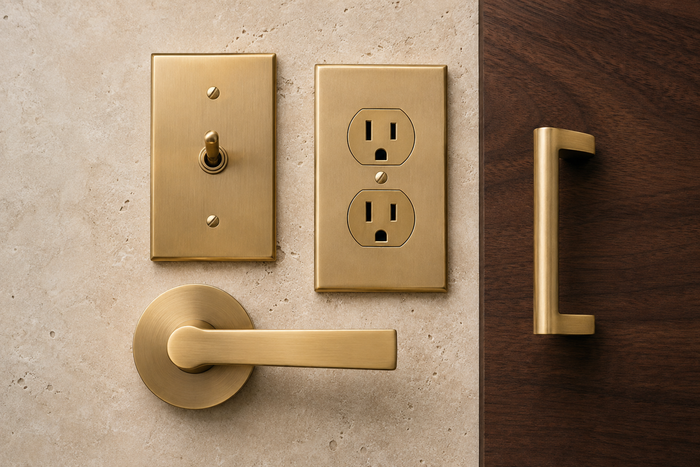 Coordinated brass light switch, outlet, door lever, and cabinet pull