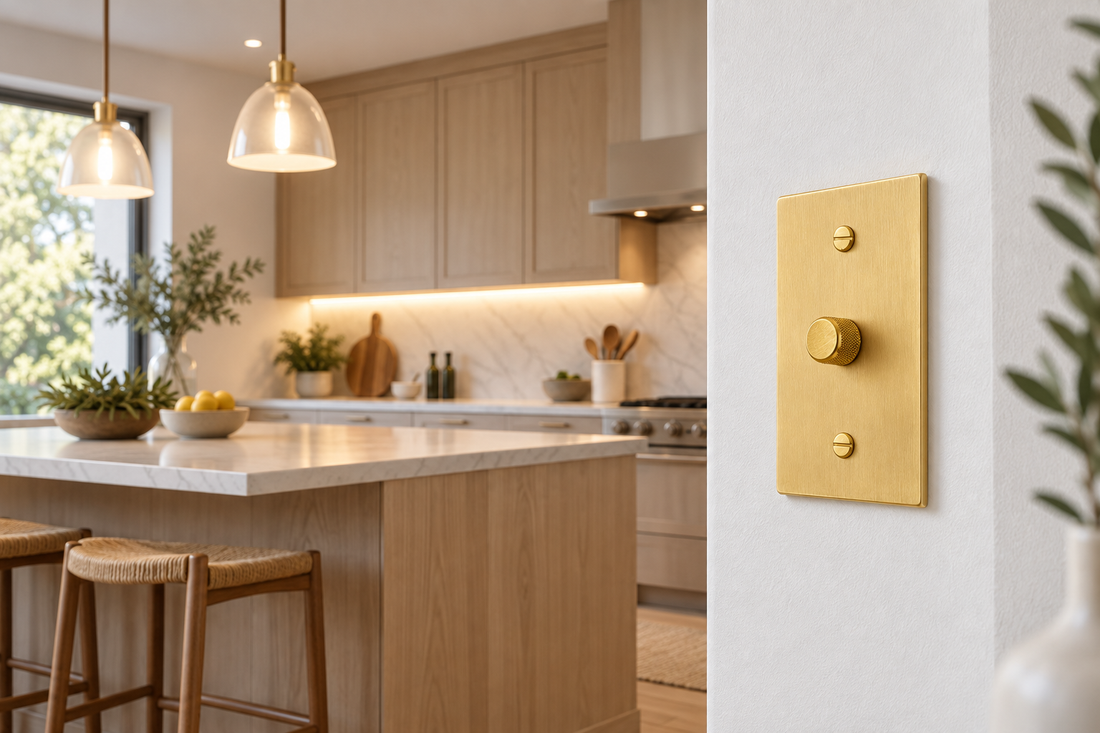 Kitchen design concept with a satin brass rotary dimmer, island pendants, and under-cabinet task lighting.