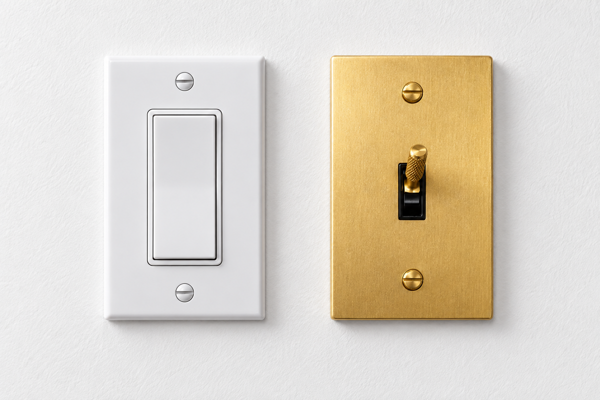 Illustrative side-by-side comparison of a white plastic rocker switch and a satin brass toggle switch.