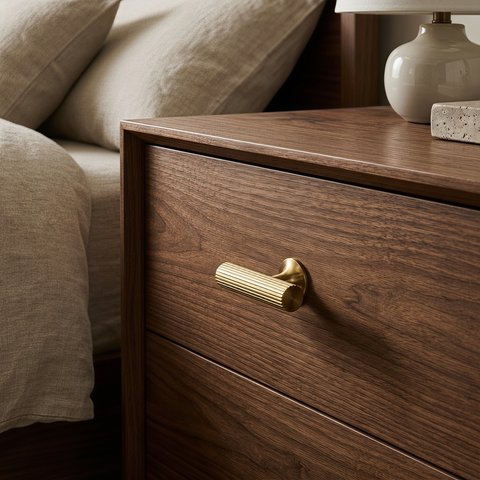 Satin Brass Aure Camden fluted T-bar knob on a wood bedside drawer