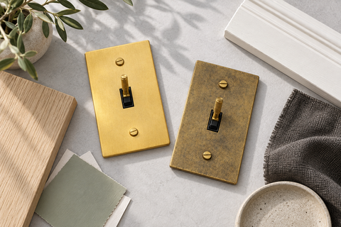 Design study of satin brass and aged brass toggle switches beside oak, paint, molding, and fabric samples.