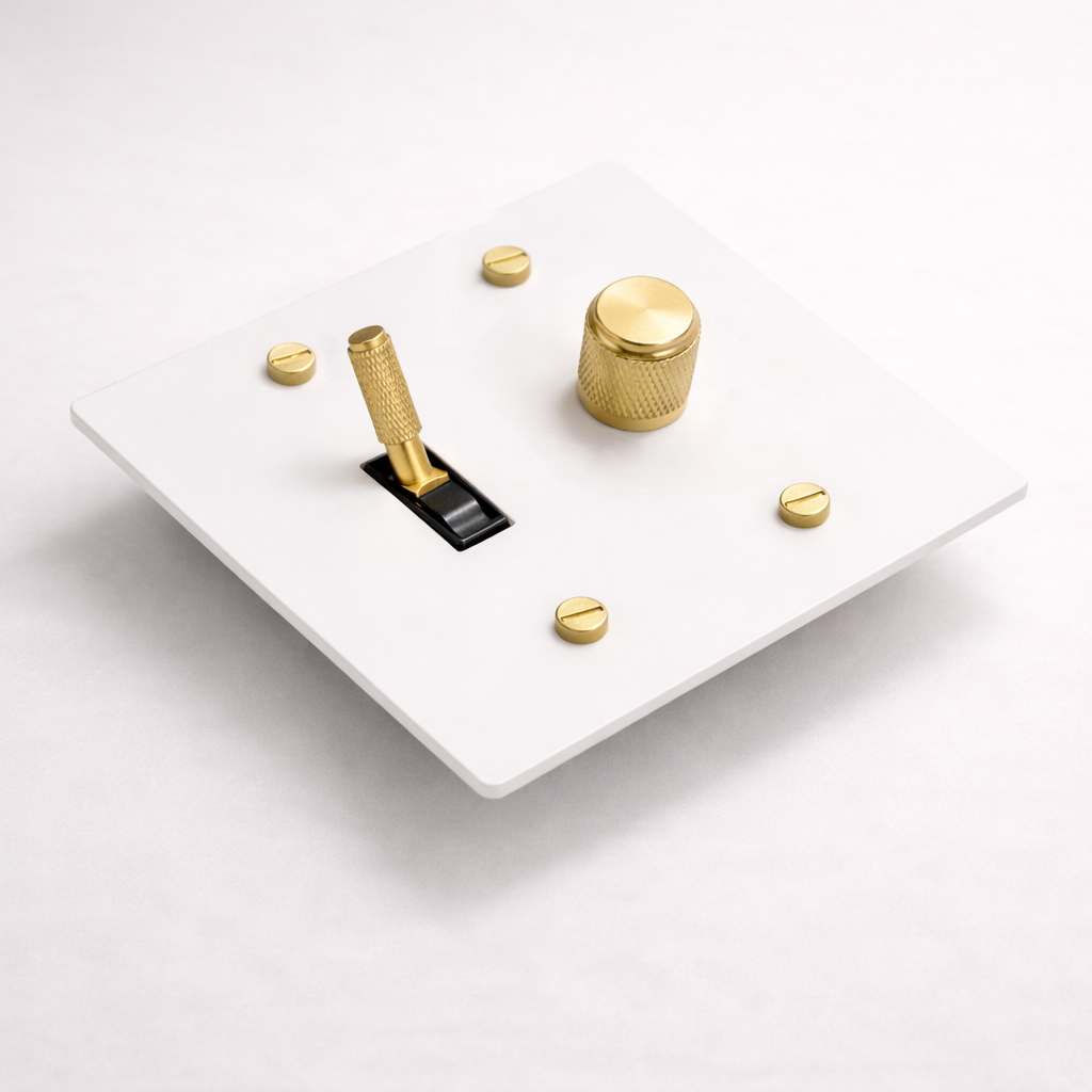 Ivory white and brass 2-gang toggle switch and dimmer plate