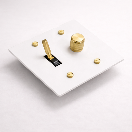 Ivory white and brass 2-gang toggle switch and dimmer plate