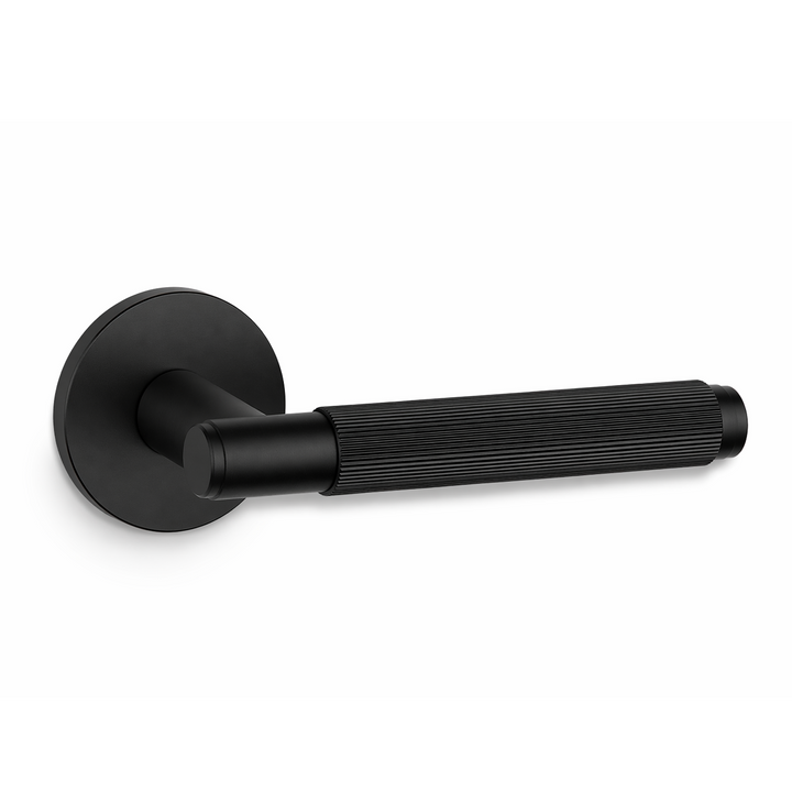 Fluted Door Handle on Round Rose - Matte Black