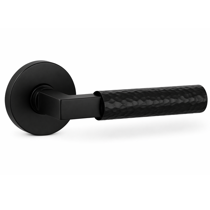 Hammered Door Handle on Round Rose - Matte black