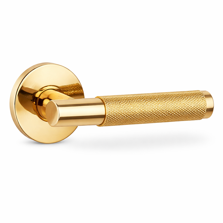 Knurled Door Handle on Round Rose - Polished Gold
