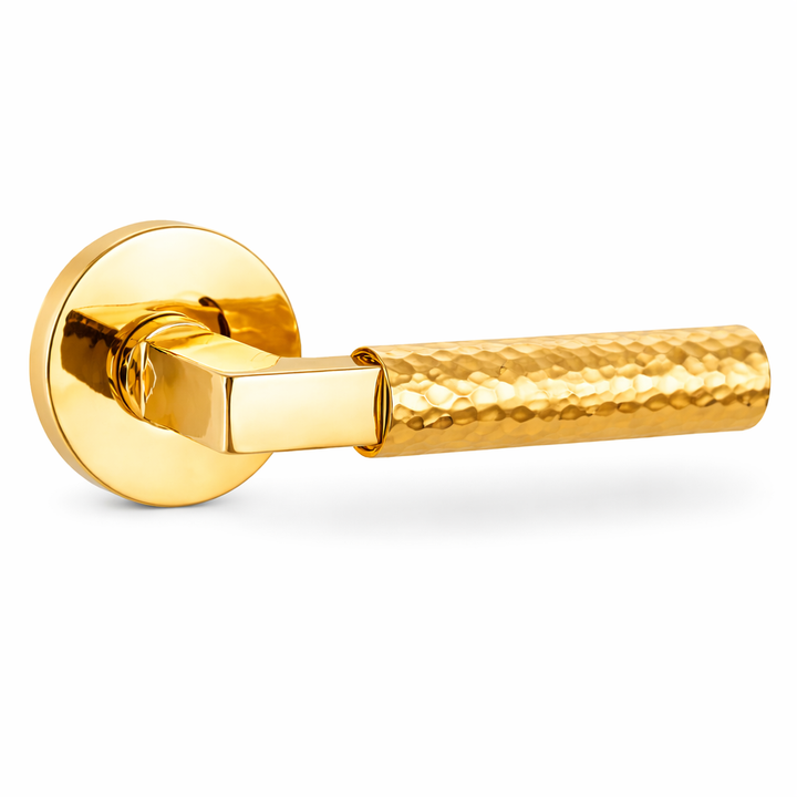 Hammered Door Handle on Round Rose - Golden