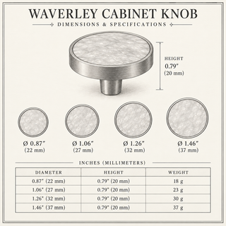 A product specification chart for the Waverley Cabinet Knob, showing different diameter options with height and weight measurements, plus a large rendered view of the knob and a small weight table at the bottom.