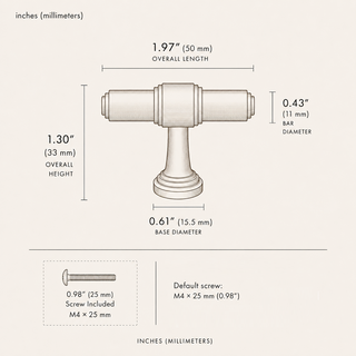 Aure Kensington T-bar knob dimensions: 1.97 in (50 mm) length, 1.30 in (33 mm) height, 0.61 in (15.5 mm) base, and 0.43 in (11 mm) bar