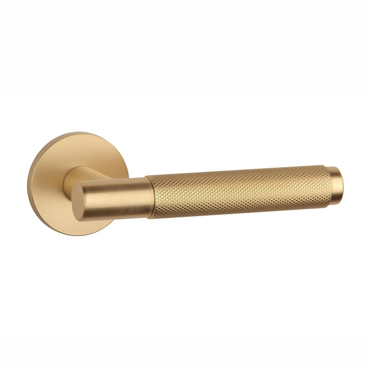 Knurled Door Handle on Round Rose - Satin Brass