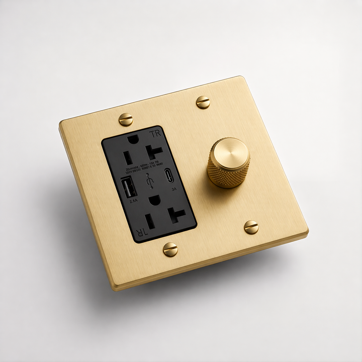 Satin brass Dimmer + Outlet with USB-C & USB-A 2G