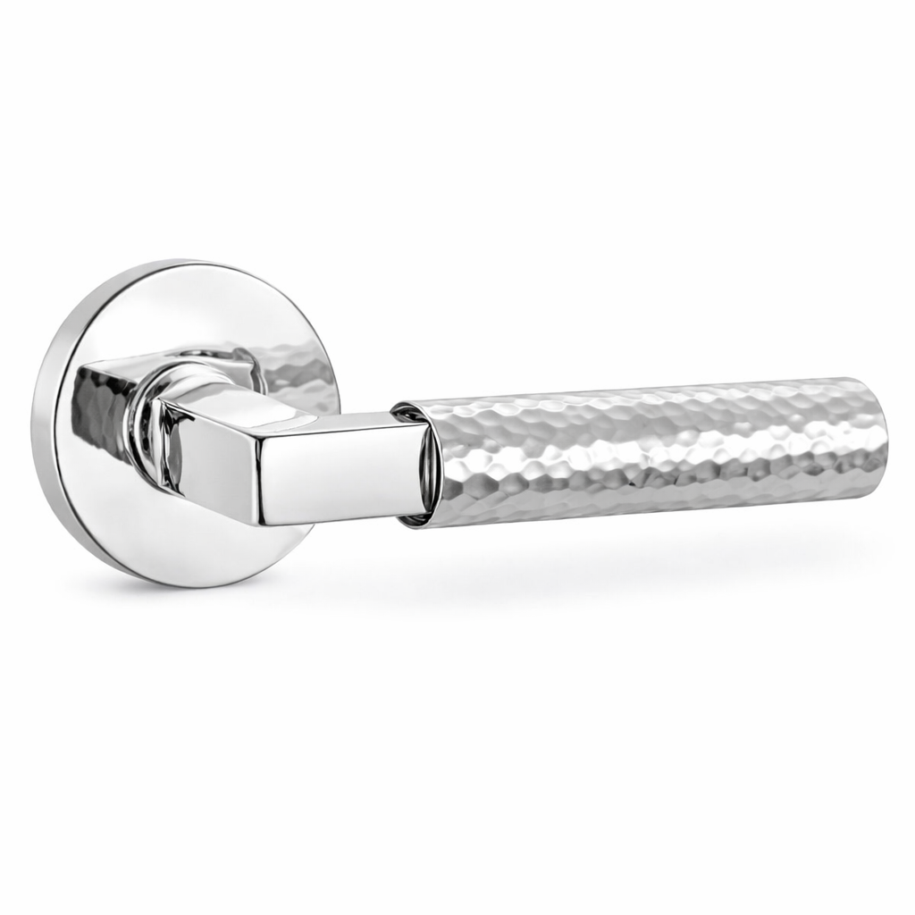Hammered Door Handle on Round Rose - Silver