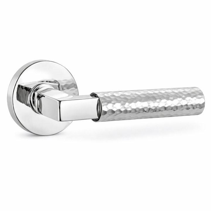 Hammered Door Handle on Round Rose - Silver