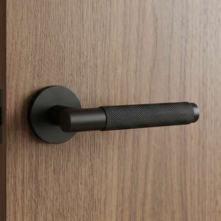 Knurled Door Handle on Round Rose - Matte Black