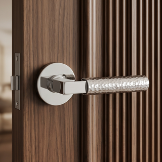 Hammered Door Handle on Round Rose - Silver
