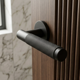 Knurled Door Handle on Round Rose - Matte Black