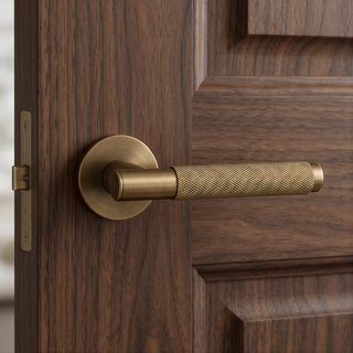 Knurled Door Handle on Round Rose - Aged Brass
