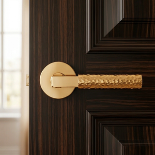 Hammered Door Handle on Round Rose - Polished Brass
