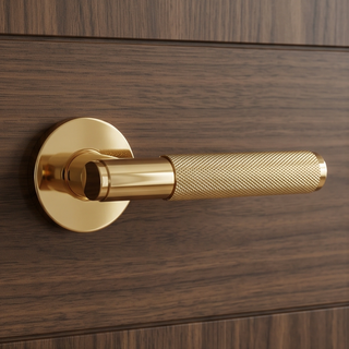Knurled Door Handle on Round Rose - Polished Gold