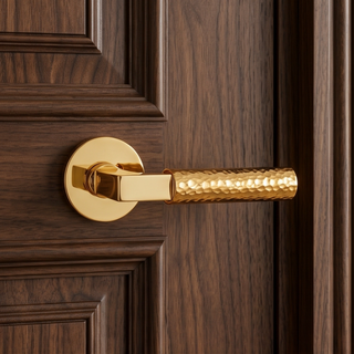 Hammered Door Handle on Round Rose - Golden