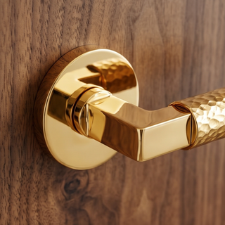 Hammered Door Handle on Round Rose - Golden