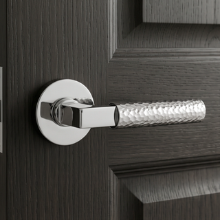 Hammered Door Handle on Round Rose - Silver