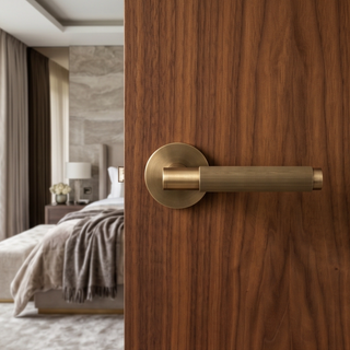 Fluted Door Handle on Round Rose - Aged brass
