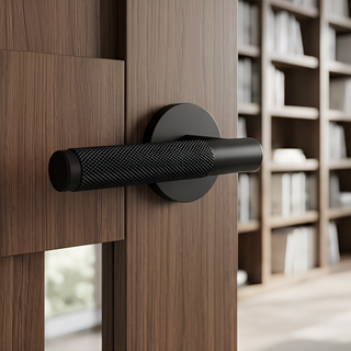 Knurled Door Handle on Round Rose - Matte Black