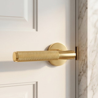 Knurled Door Handle on Round Rose - Polished Gold