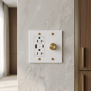 Ivory White & Brass Dimmer + Outlet with USB-C & USB-A 2G