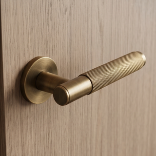 Knurled Door Handle on Round Rose - Aged Brass