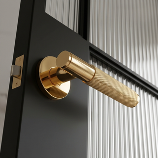 Knurled Door Handle on Round Rose - Polished Gold