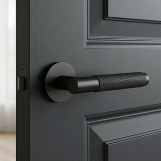 Knurled Door Handle on Round Rose - Matte Black
