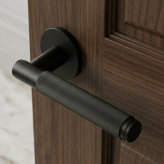 Fluted Door Handle on Round Rose - Matte Black