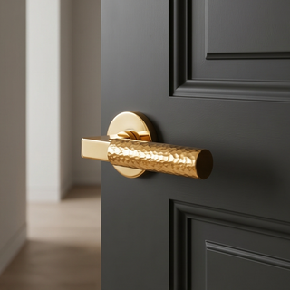 Hammered Door Handle on Round Rose - Golden