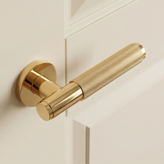 Knurled Door Handle on Round Rose - Polished Gold