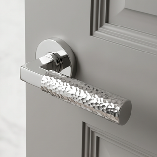 Hammered Door Handle on Round Rose - Silver