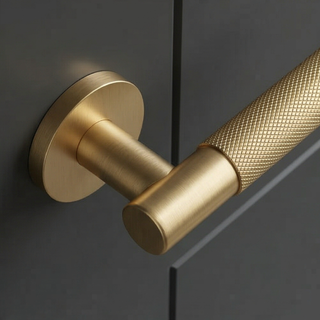 Knurled Door Handle on Round Rose - Satin Brass