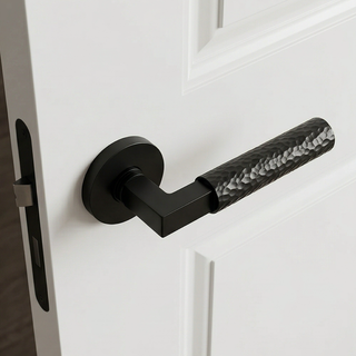 Hammered Door Handle on Round Rose - Matte black