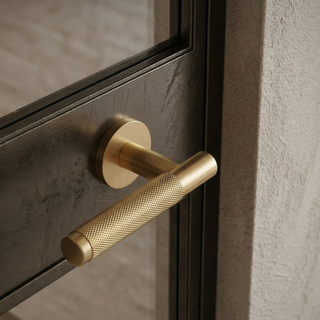 Knurled Door Handle on Round Rose - Satin Brass