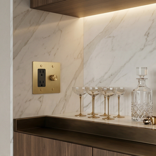 Satin Brass Dimmer + Outlet 2G