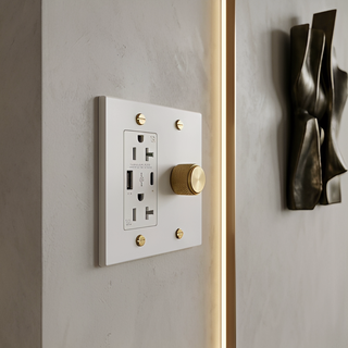 Ivory White & Brass Dimmer + Outlet with USB-C & USB-A 2G