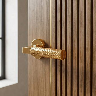 Hammered Door Handle on Round Rose - Polished Brass