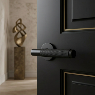 Knurled Door Handle on Round Rose - Matte Black